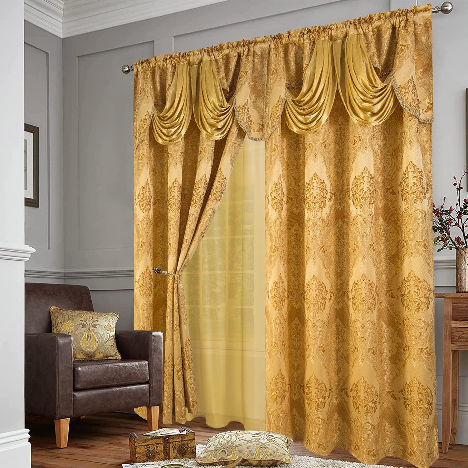 Gold Jacquard Window Curtains 2 Panel Set - DreamField Linen