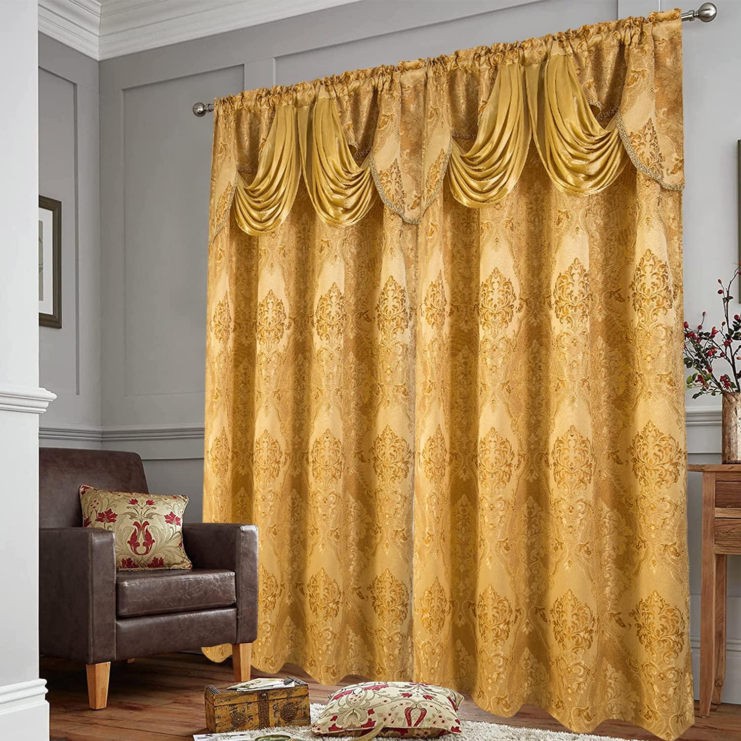 Gold Jacquard Window Curtains 2 Panel Set - DreamField Linen