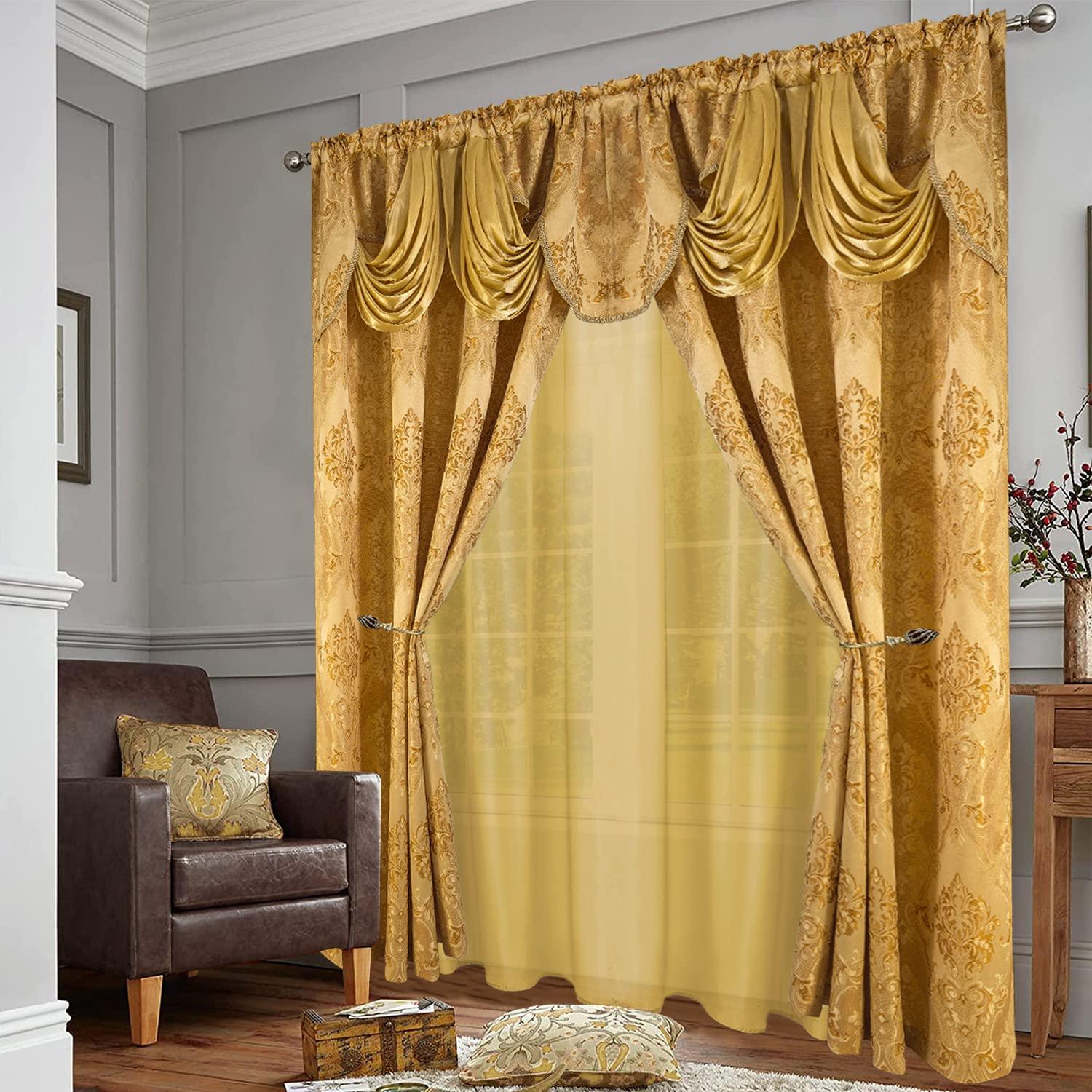 Gold Jacquard Window Curtains 2 Panel Set - DreamField Linen