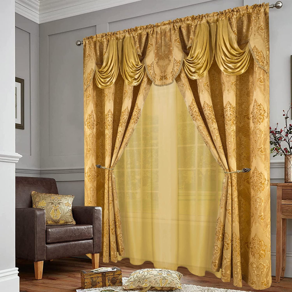Gold Jacquard Window Curtains 2 Panel Set - DreamField Linen
