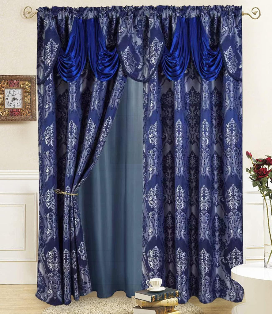 Navy Blue Jacquard Window Curtains 2 Panel Set - DreamField Linen